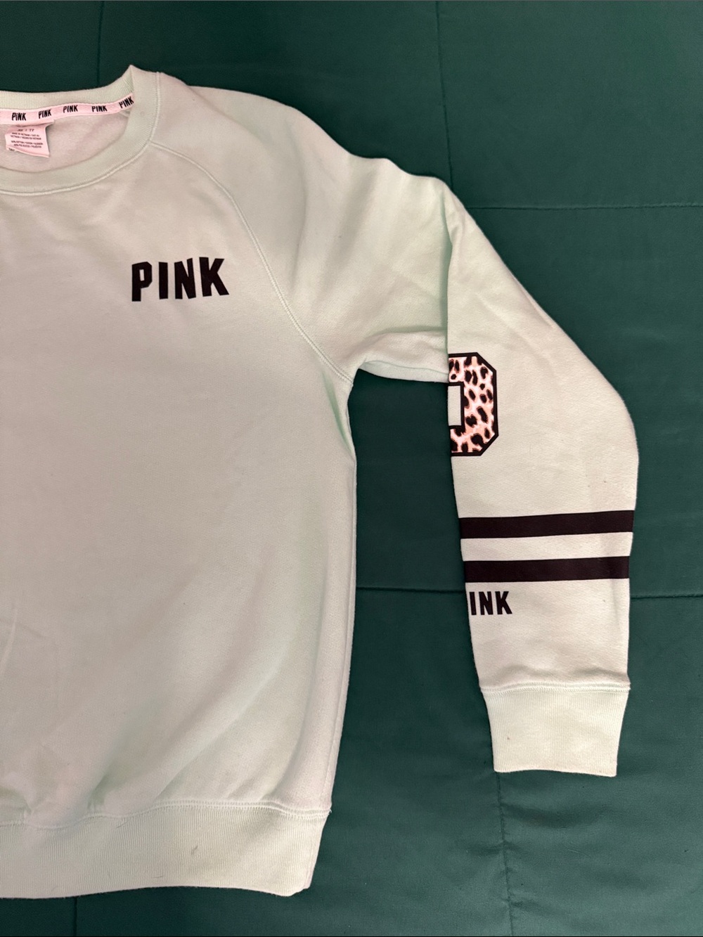 PINK Victoria's Secret Mint Green Crewneck Sweatshirt with Leopard-print